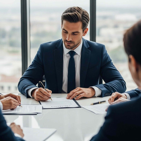 A businessman in a suit signing documents at a meeting with colleagues in a modern office