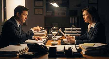 A man and woman in business attire engaged in a serious discussion at a cluttered office desk