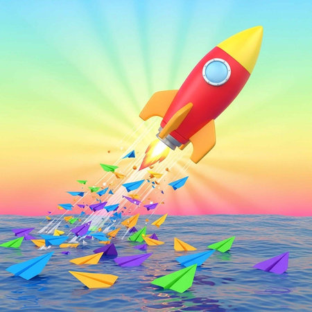 A colorful rocket ship blasts off into a vibrant sky, leaving paper airplanes behind in the ocean...