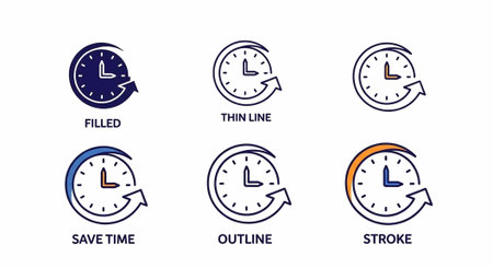 A set of six clock icons in different styles and colors on a white background