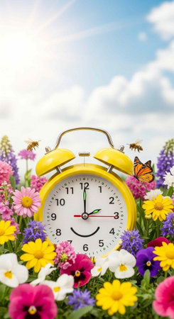A bright yellow alarm clock surrounded by vibrant flowers and a butterfly in a sunny meadow with a...