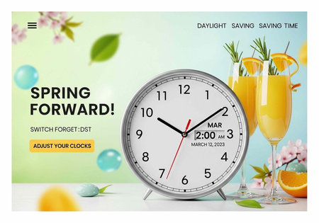 A clock set to spring forward for daylight saving time with a glass of orange juice and flowers