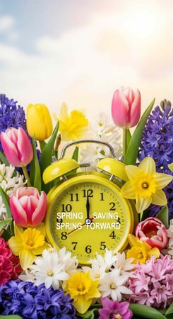 A bright yellow alarm clock surrounded by vibrant colorful flowers representing spring and daylight...