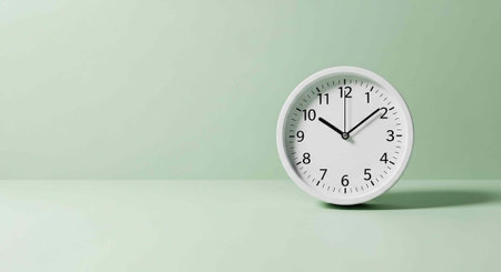 A white analog clock sitting on a light green surface with a plain background