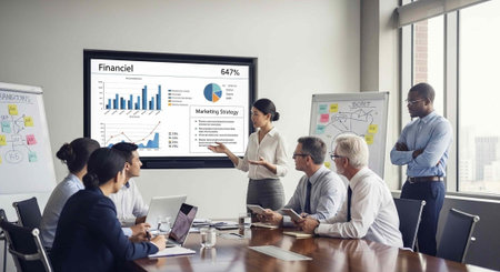 A group of business professionals engaged in a meeting with a presentation on a large screen