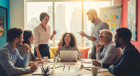 A group of diverse colleagues laughing and collaborating in a modern office with a city view
