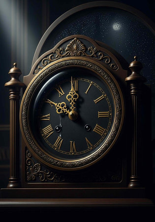 A close-up of an antique clock with Roman numerals and gold accents in a dark room