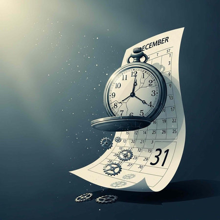 A clock sitting on a calendar page with gears and a dark background