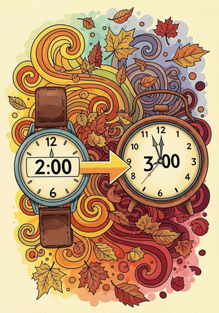 A colorful illustration of two watches surrounded by swirling autumn leaves and vibrant designs