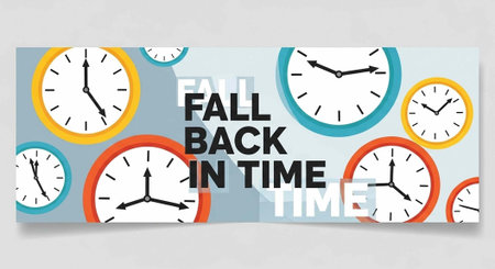 A colorful poster with clocks and the phrase Fall Back In Time to illustrate daylight saving time...