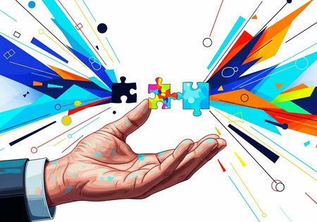A hand holding puzzle pieces in a vibrant and colorful abstract background with geometric shapes and...