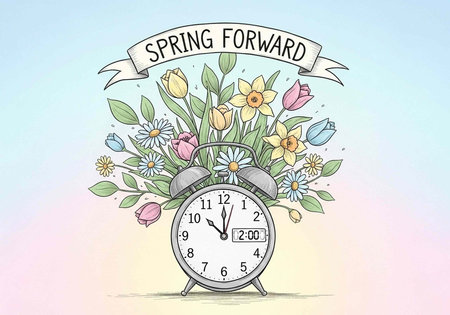 An illustration of an alarm clock with flowers and a banner that says Spring Forward