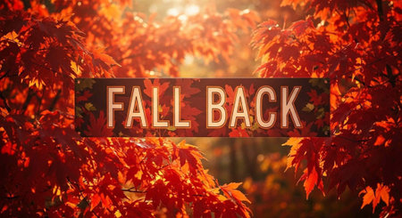 A vibrant autumn scene with red and orange leaves and the words Fall Back in the center