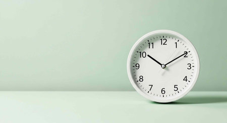A white clock sitting on a green surface against a green background with ample negative space