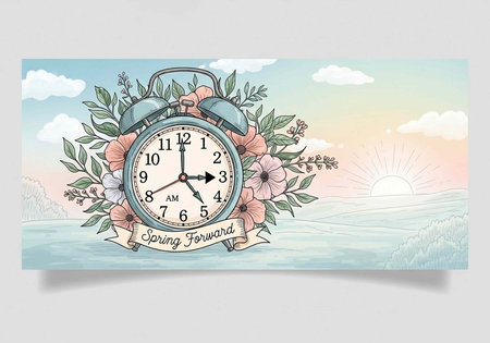 An illustration of an alarm clock surrounded by flowers and greenery with a sunrise in the...