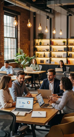 A group of business professionals collaborating and working on laptops in a modern office space with...