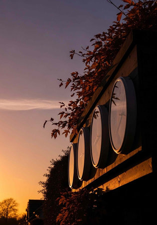 A serene building with round windows at sunset, surrounded by nature and vibrant foliage.
