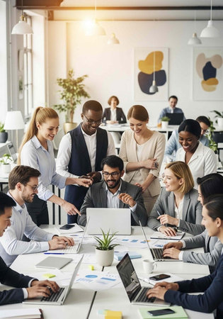 A diverse group of business professionals collaborating and working together in a modern office...