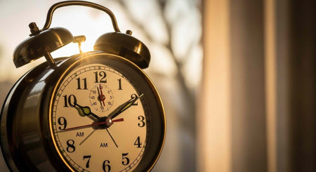 Close-up of a classic brass alarm clock with white face and black numbers, set against a blurred...
