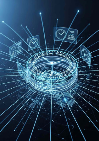A futuristic digital interface with glowing blue lines, clock icons, and a circular design on a dark...