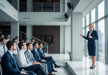 Female executive in business attire presenting to a group of formally dressed men in a sleek,...