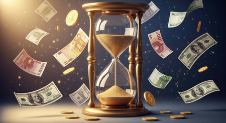 An hourglass with golden sand and frames surrounded by floating banknotes and coins in a dark room...