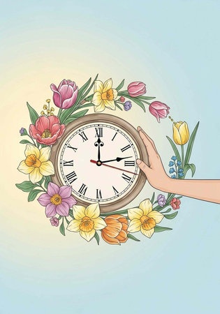 Illustration of a hand holding a clock surrounded by vibrant spring flowers on a pastel gradient...