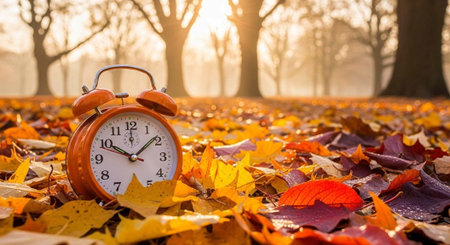 An orange alarm clock sits amidst a vibrant carpet of fallen leaves in a peaceful forest, with trees...