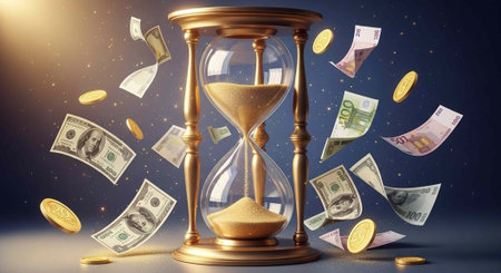 An hourglass with golden sand and ornate details surrounded by floating banknotes and coins in...