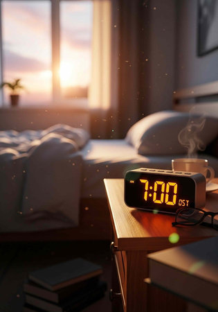 Warmly lit bedroom with alarm clock, steaming coffee cup, and comfortable bed at sunrise