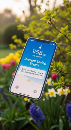 A smartphone screen shows daylight saving time notification amidst vibrant flowers and lush greenery...