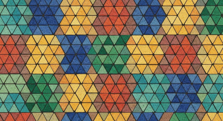 A vibrant mosaic of small triangles in different colors, arranged in a repeating pattern with black...