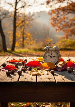 A silver alarm clock sits on a wooden table surrounded by colorful autumn leaves and acorns in a...