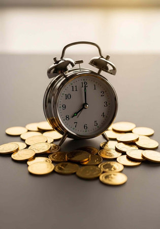 A silver alarm clock sits on a pile of shiny golden coins on a gray surface with blurred background