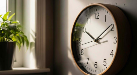 A round analog clock hangs on a wall beside a window with a potted green plant on the sill in a...