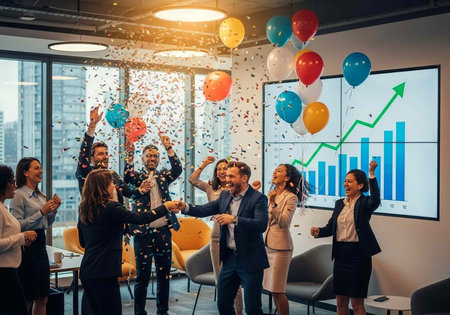 Group of businesspeople rejoicing with balloons, confetti, and a rising graph on a large screen in a...
