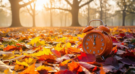 Vibrant orange alarm clock sits amidst a blanket of yellow, red, and orange fallen leaves in a misty...