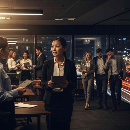 Group of colleagues in business attire interacting and using devices in a contemporary office with a...