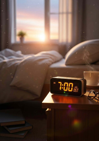 Warm and inviting bedroom interior with digital alarm clock, steaming cup of coffee, and books at...