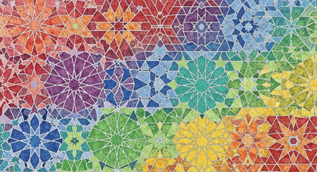 A stunning mosaic artwork featuring intricate geometric patterns and floral designs in a...