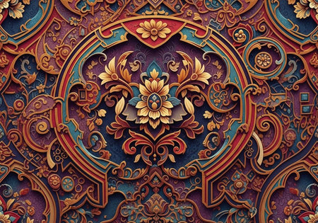 Colorful ornate design featuring a central golden flower surrounded by swirling patterns and shapes...