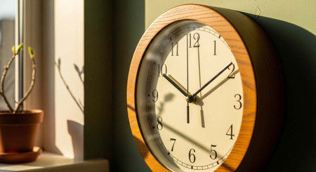 Wooden clock with white face and black hands near window with potted plant on sunny morning