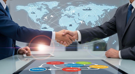 Two suited men shaking hands over a digital logistics flowchart on a table with a world map display