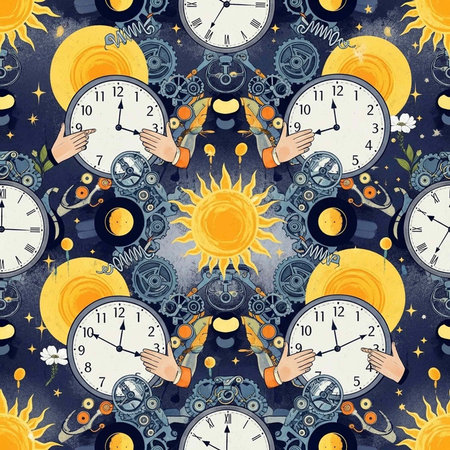 Colorful illustration of hands holding clocks, surrounded by suns, gears, and stars on a dark blue...