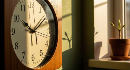 A large analog clock with white face and black numbers is set against a wooden frame, next to a...
