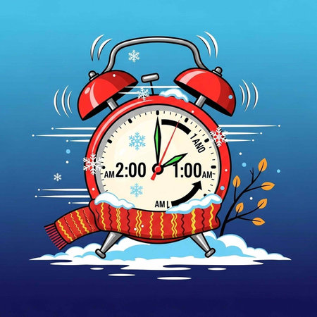 Colorful cartoon alarm clock with red body, snowflakes, and scarf, showing time change from 2:00 to...
