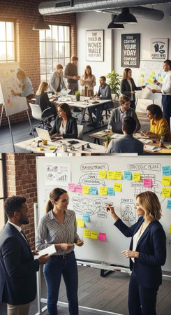 Group of professionals working together in office setting with whiteboards and sticky notes on walls...