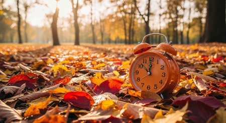 An orange alarm clock sits amidst a vibrant carpet of fallen autumn leaves in a peaceful forest,...