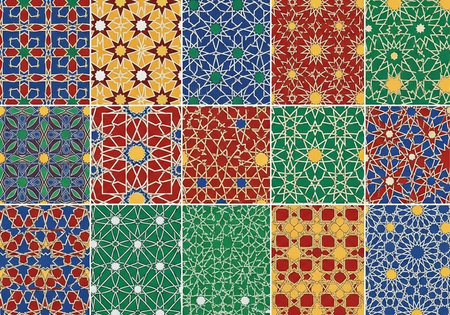 Colorful mosaic tiles featuring intricate geometric patterns, shapes, and designs in red, blue,...