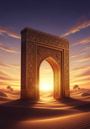 Ornate archway stands in desert with intricate designs, golden sunset, and palm trees in the...